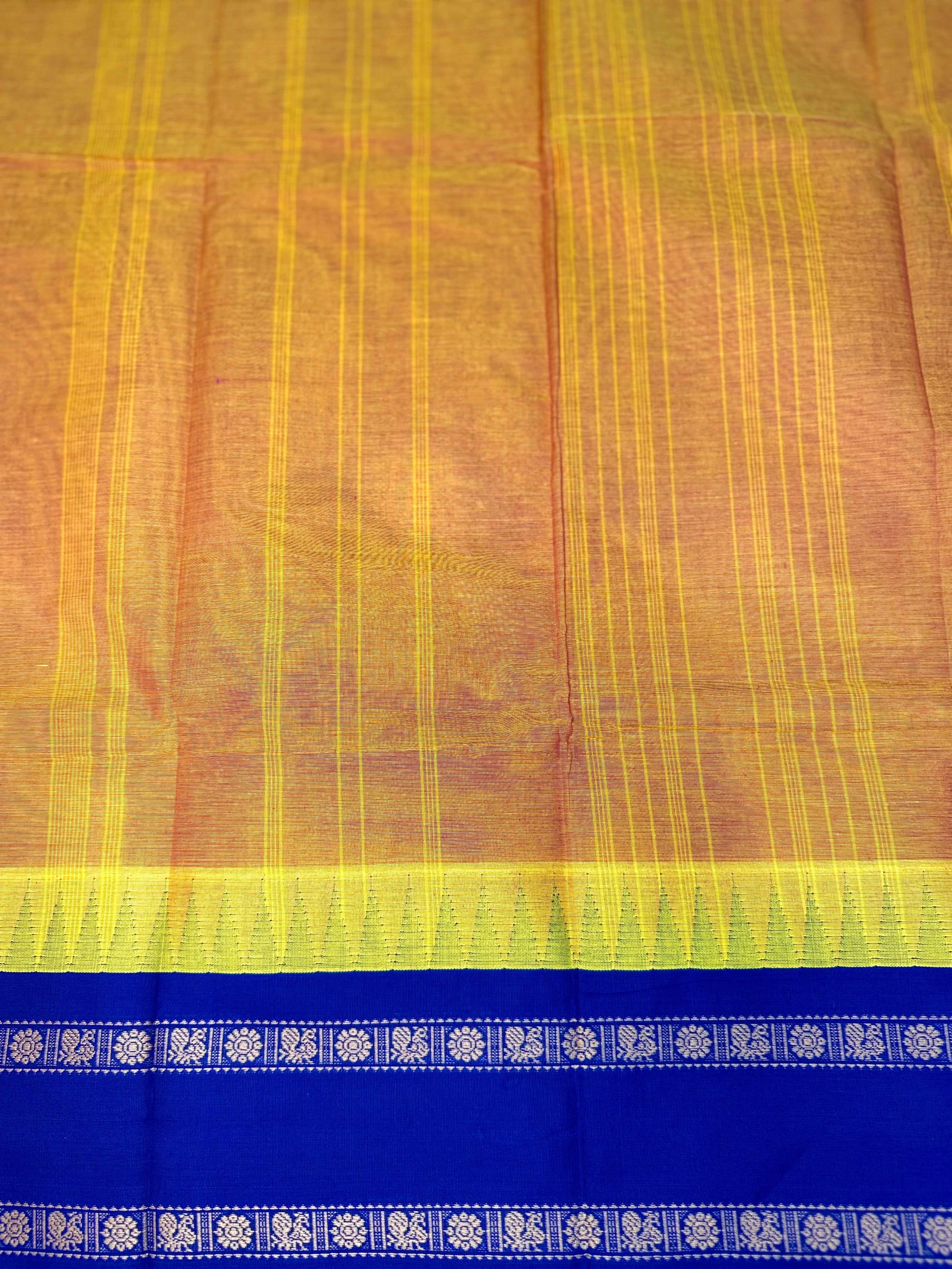 Pure Chettinad Handloom Cotton Saree – Mustard with Double-Side Blue Korvai Rettaipet border with Temple design