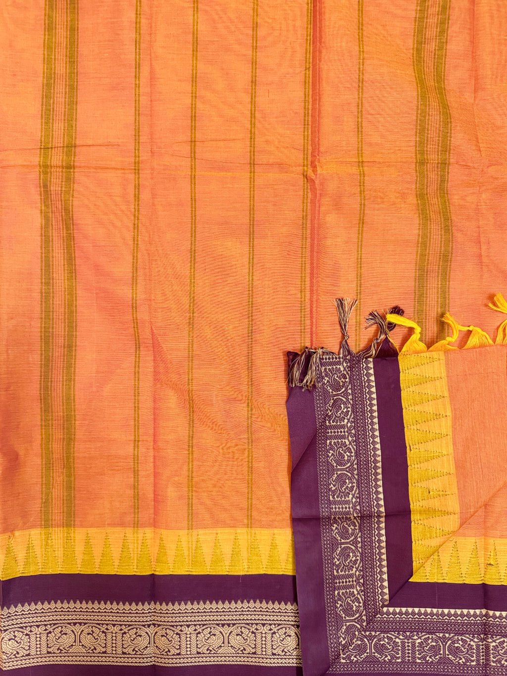 Pure Chettinad Handloom Cotton Saree – Orange body and Maroon Korvai Border with Temple Design