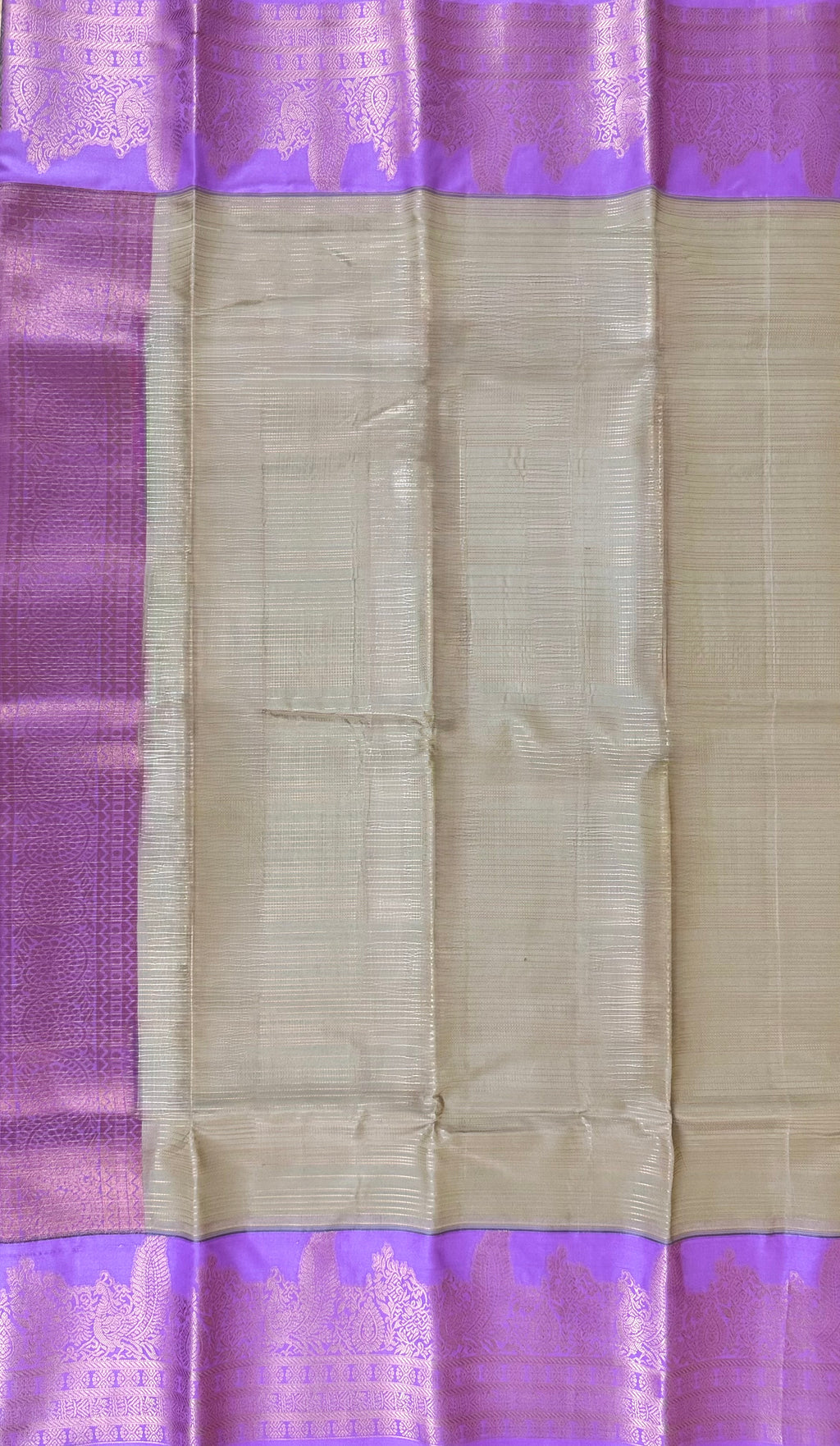 Luxury Silk Blend Kanchipuram Pattu |Grey Striped Body | Lavender Zari Border