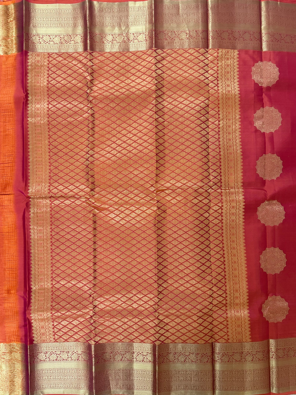 Luxury Silk Blend Kanchipuram Pattu | Orange | Flower Butta Body | Grand Border & Pallu