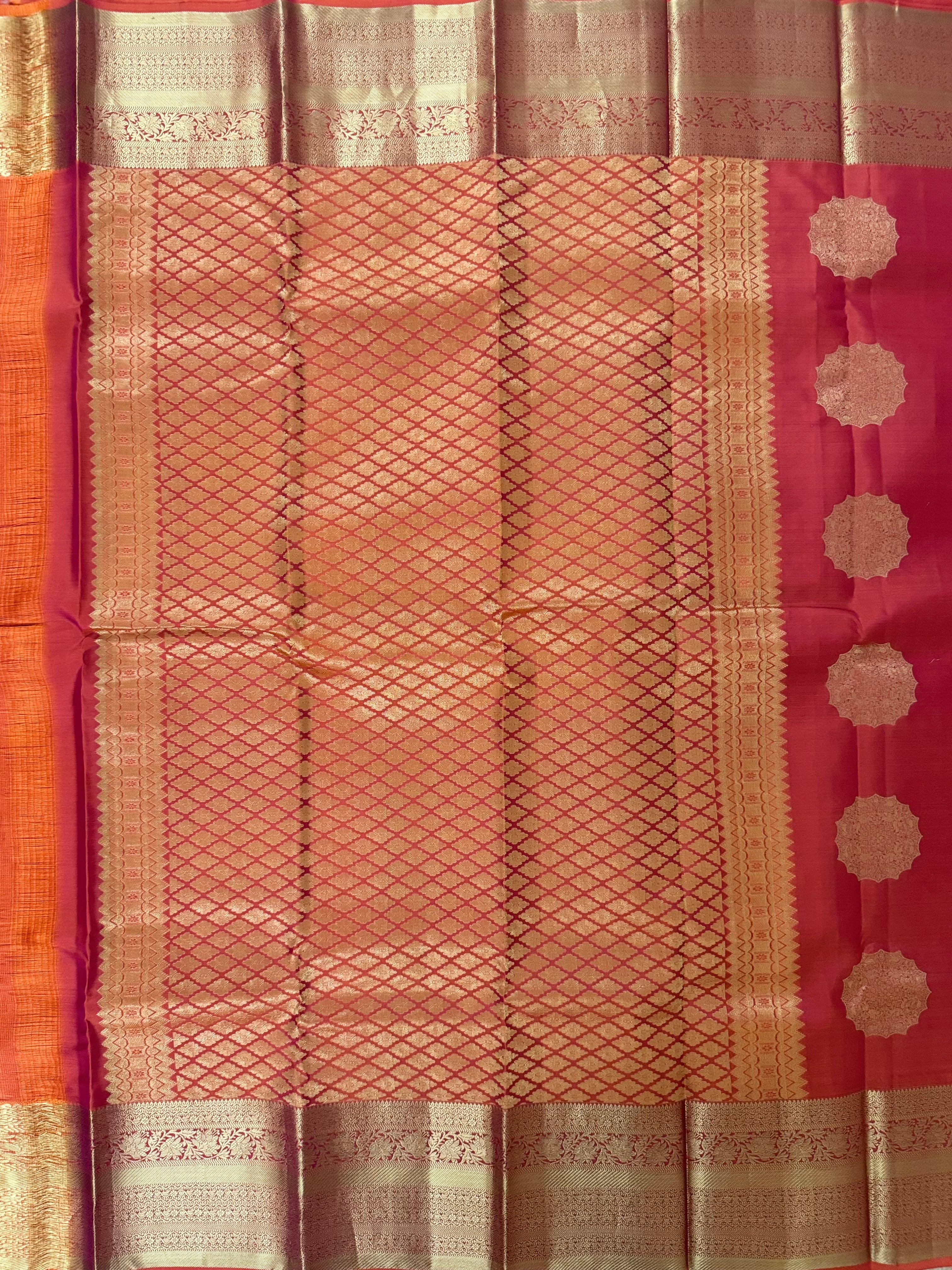 Luxury Silk Blend Kanchipuram Pattu | Orange | Flower Butta Body | Grand Border & Pallu
