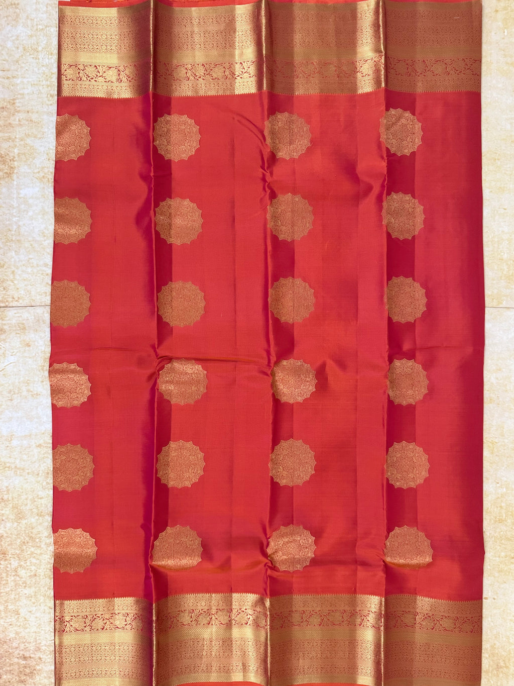 Luxury Silk Blend Kanchipuram Pattu | Orange | Flower Butta Body | Grand Border & Pallu