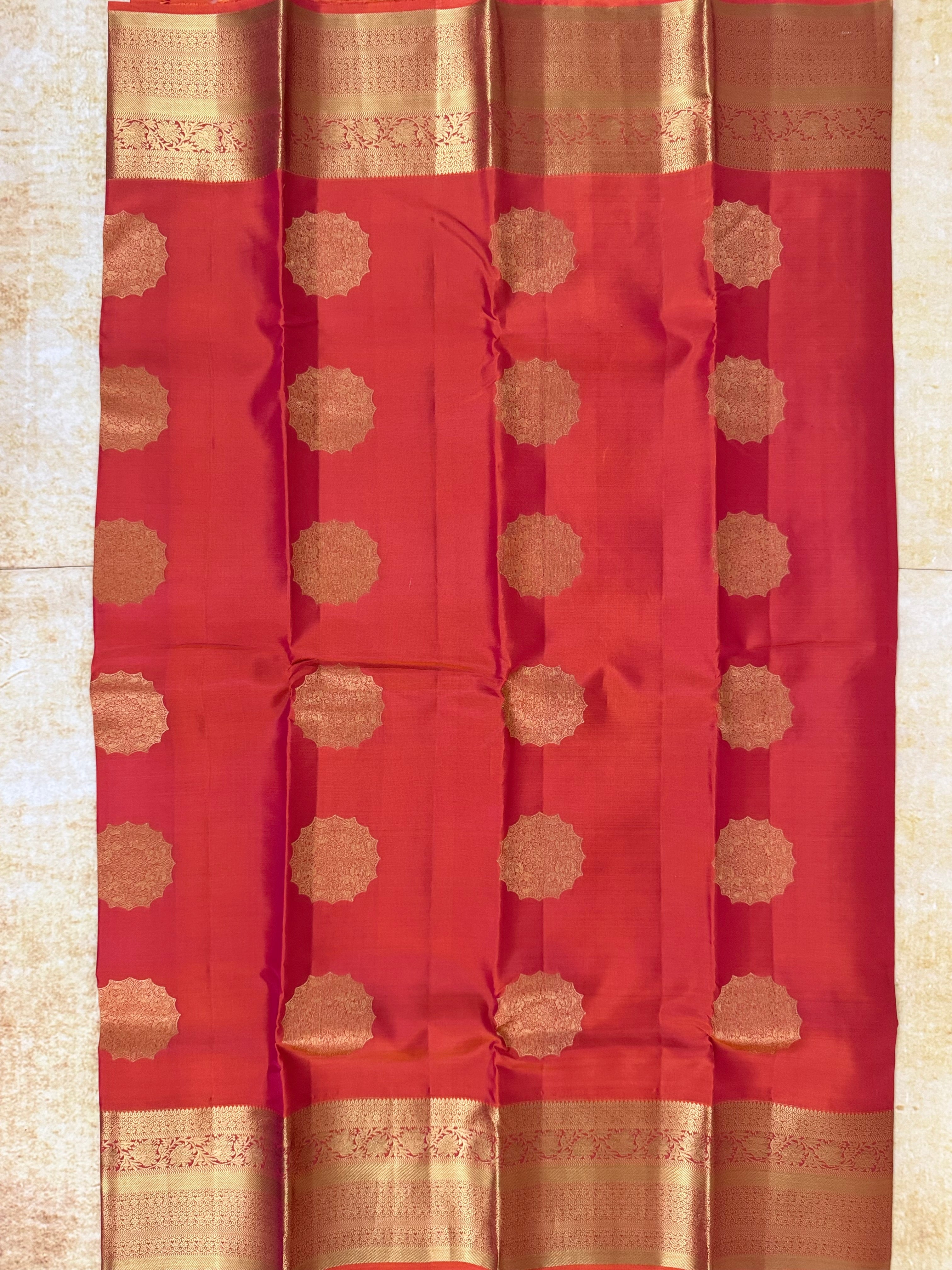 Luxury Silk Blend Kanchipuram Pattu | Orange | Flower Butta Body | Grand Border & Pallu