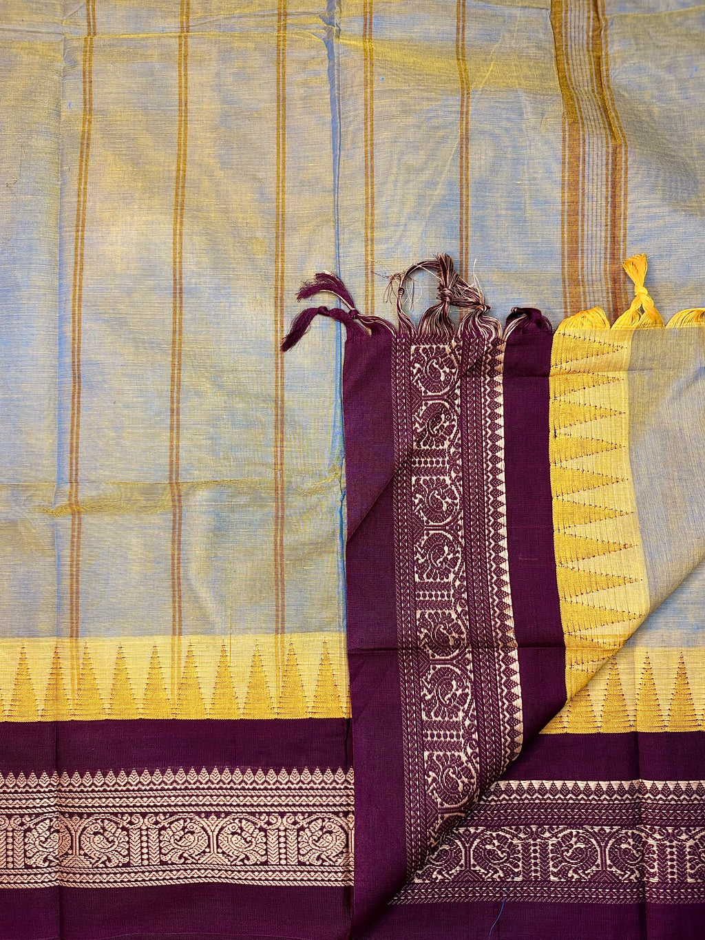 Pure Chettinad Handloom Cotton Saree – Dual shade body and maroon Korvai Border with Temple Design
