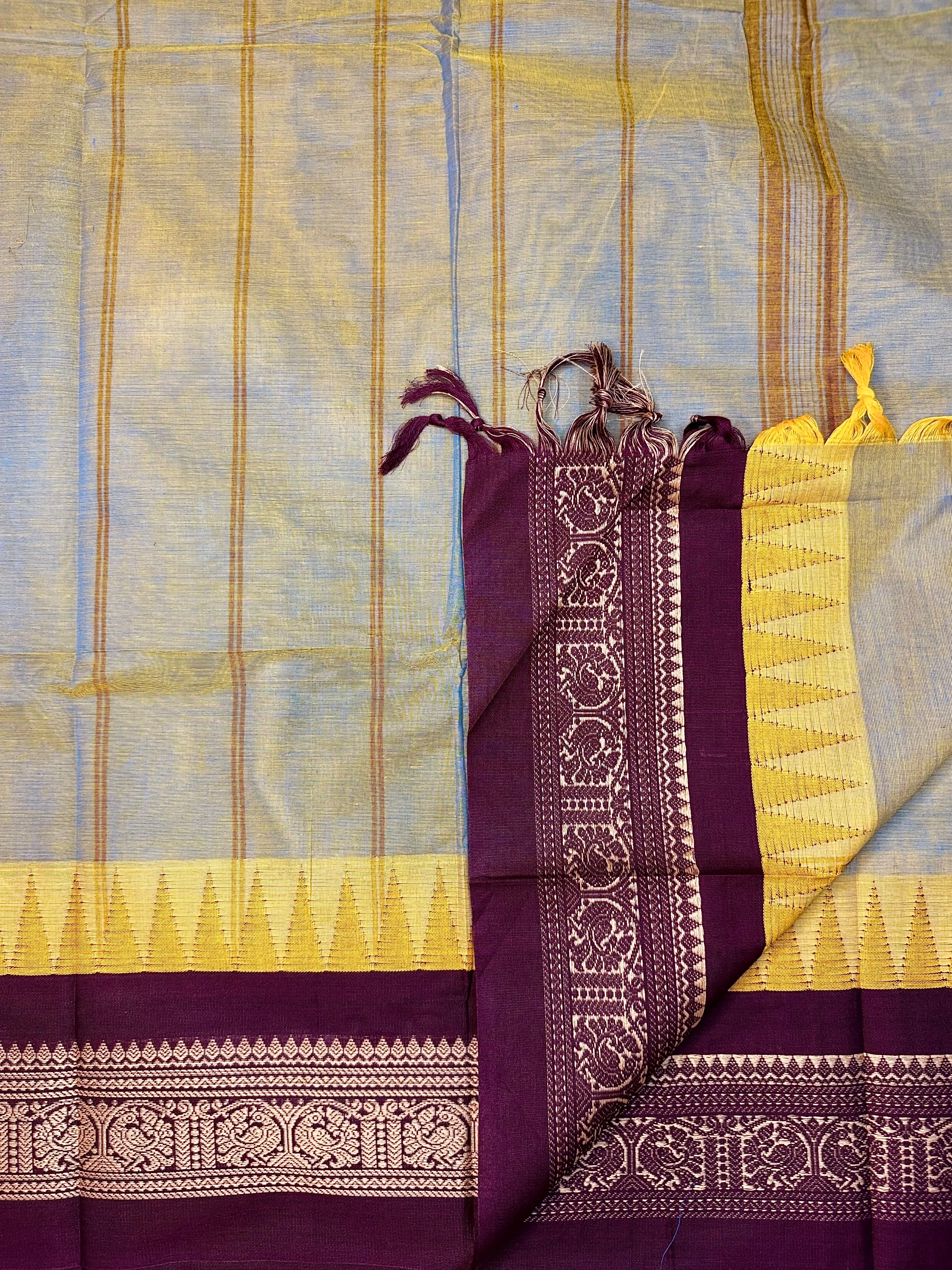 Pure Chettinad Handloom Cotton Saree – Dual shade body and maroon Korvai Border with Temple Design