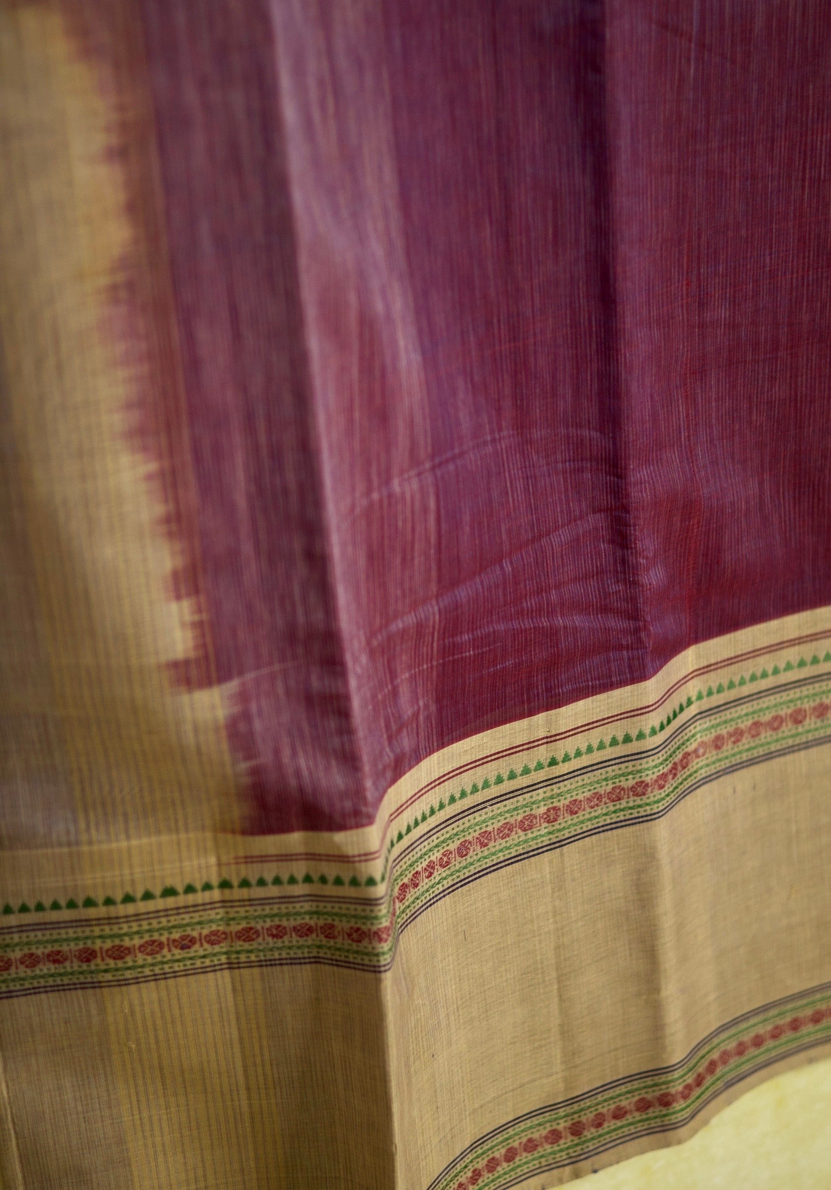 Pure Handloom Chettinad Cotton Saree | Grape Body | Rettaipet Border with Thread Work | Striped Pallu