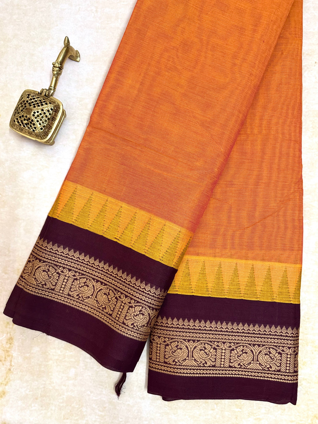 Pure Chettinad Handloom Cotton Saree – Orange body and Maroon Korvai Border with Temple Design