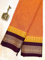 Pure Chettinad Handloom Cotton Saree – Orange body and Maroon Korvai Border with Temple Design