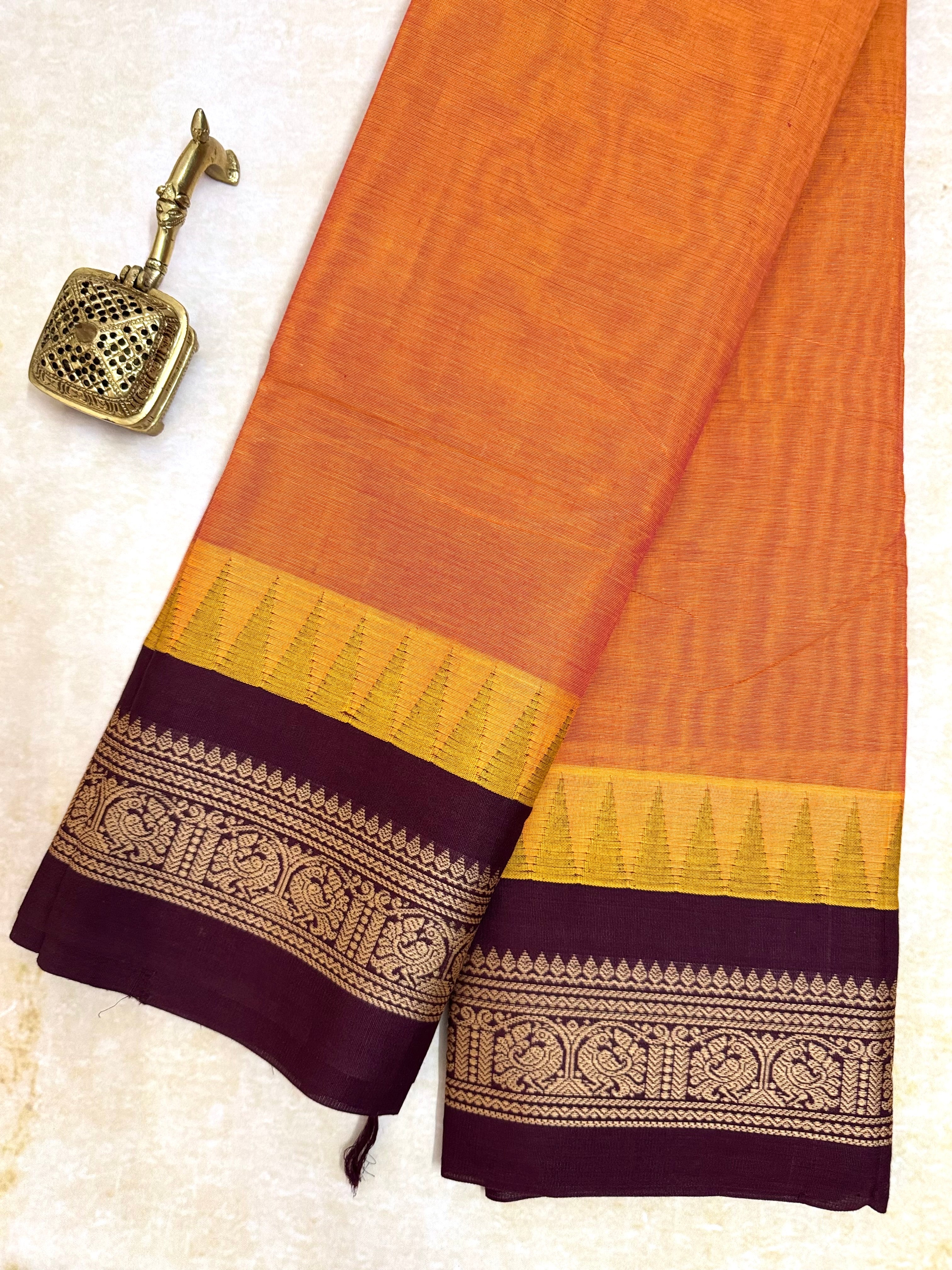 Pure Chettinad Handloom Cotton Saree – Orange body and Maroon Korvai Border with Temple Design