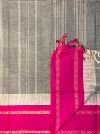 Pure Chettinad Handloom Cotton Saree – Grey with Double-Side Pink Korvai Rettaipet border with Temple design