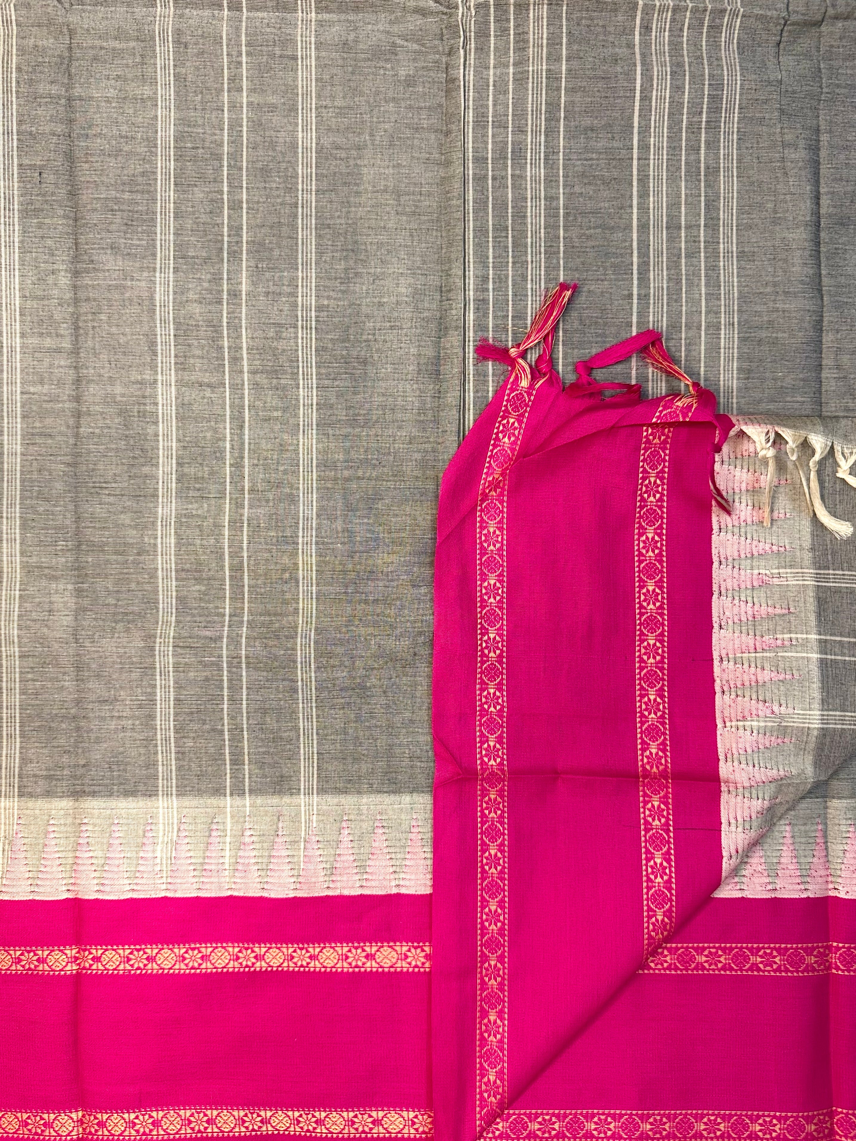 Pure Chettinad Handloom Cotton Saree – Grey with Double-Side Pink Korvai Rettaipet border with Temple design