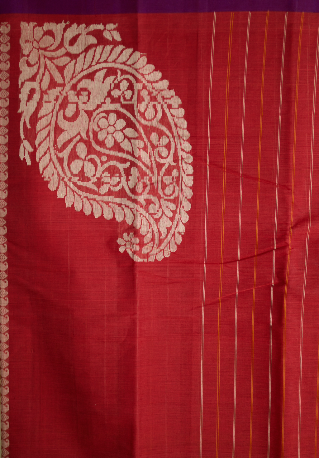 Pure Chettinad Handloom Cotton Saree – Stripped Red Body with purple 2inch Border