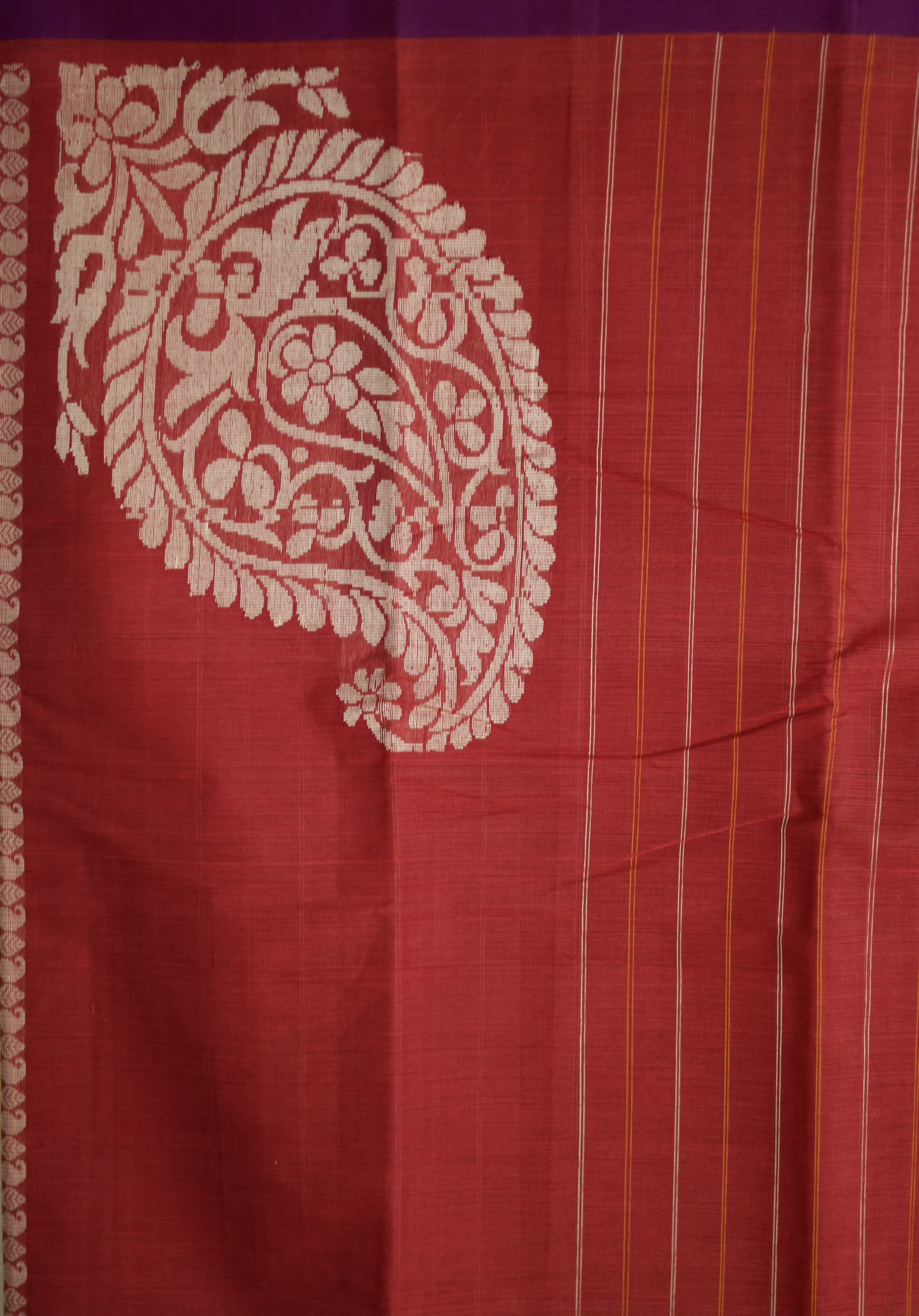 Pure Chettinad Handloom Cotton Saree – Stripped Red Body with purple 2inch Border