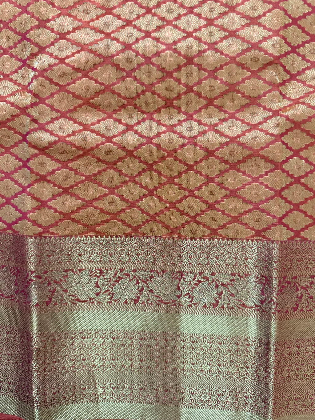 Luxury Silk Blend Kanchipuram Pattu | Orange | Flower Butta Body | Grand Border & Pallu