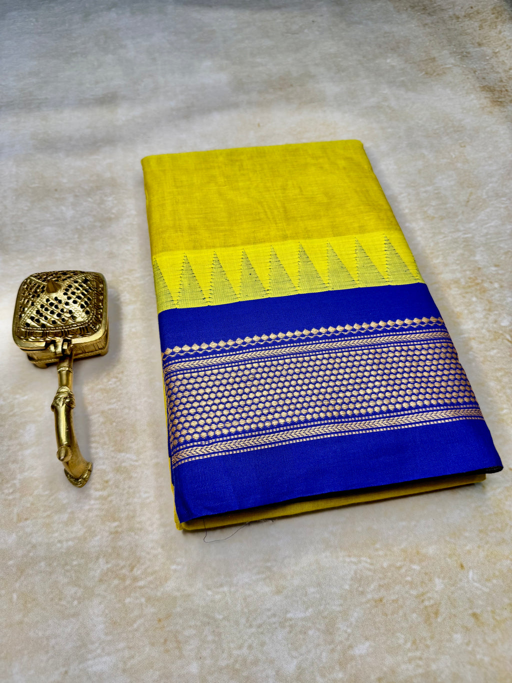 Pure Chettinad Handloom Cotton Saree – Yellow body and Blue Korvai Border with Temple Design