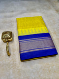 Pure Chettinad Handloom Cotton Saree – Yellow body and Blue Korvai Border with Temple Design