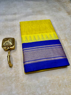 Pure Chettinad Handloom Cotton Saree – Yellow body and Blue Korvai Border with Temple Design
