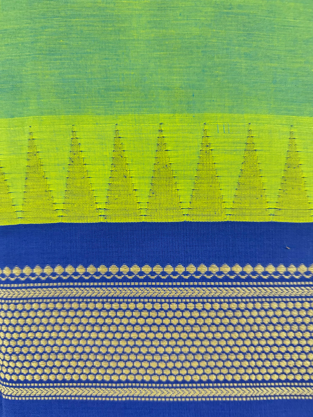 Pure Chettinad Handloom Cotton Saree – Green body and blue Korvai Border with Temple Design