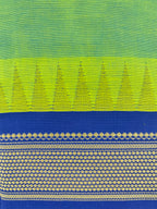 Pure Chettinad Handloom Cotton Saree – Green body and blue Korvai Border with Temple Design