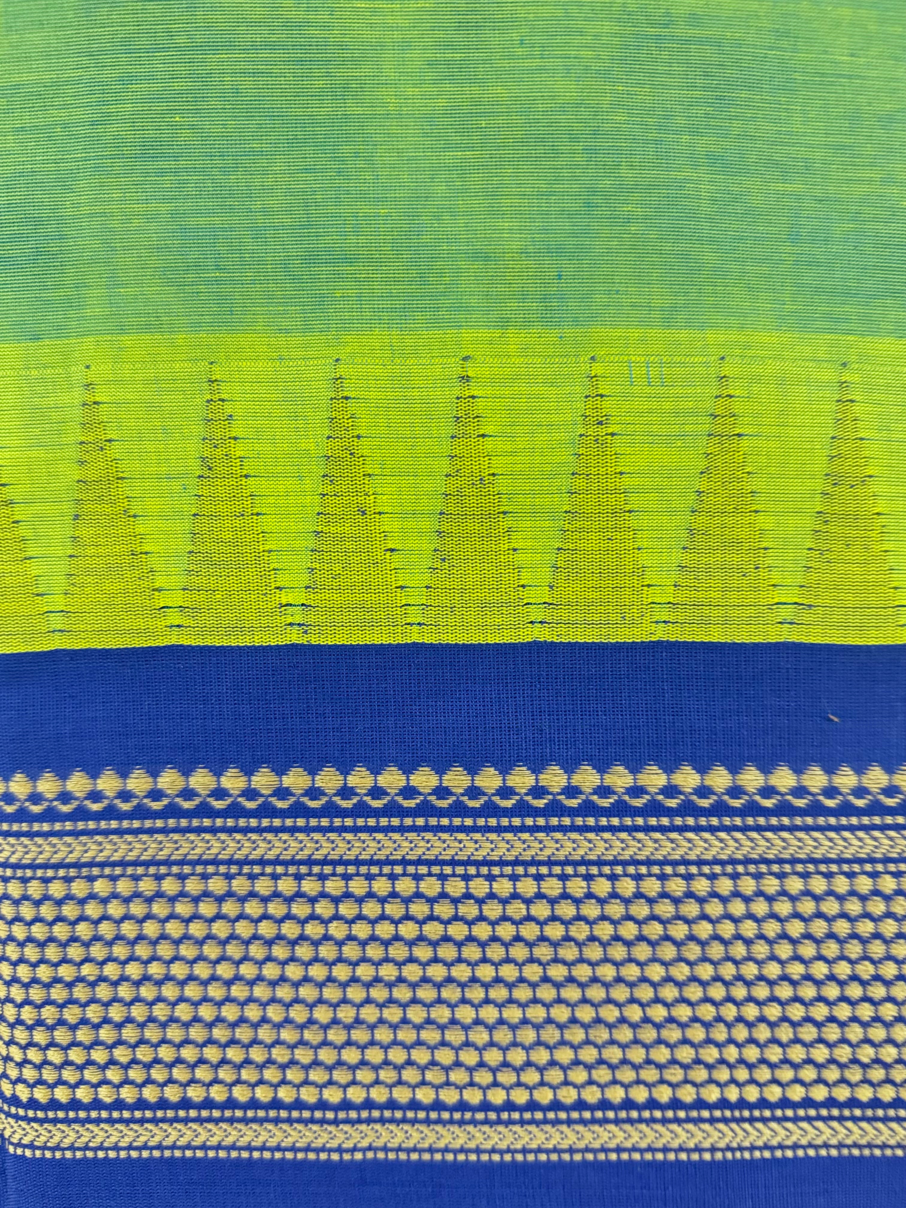 Pure Chettinad Handloom Cotton Saree – Green body and blue Korvai Border with Temple Design
