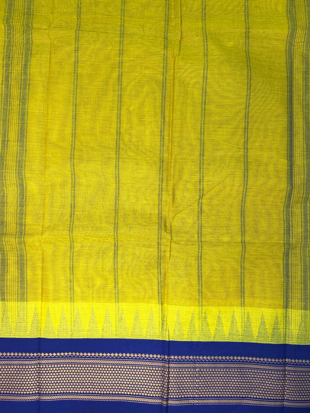 Pure Chettinad Handloom Cotton Saree – Yellow body and Blue Korvai Border with Temple Design