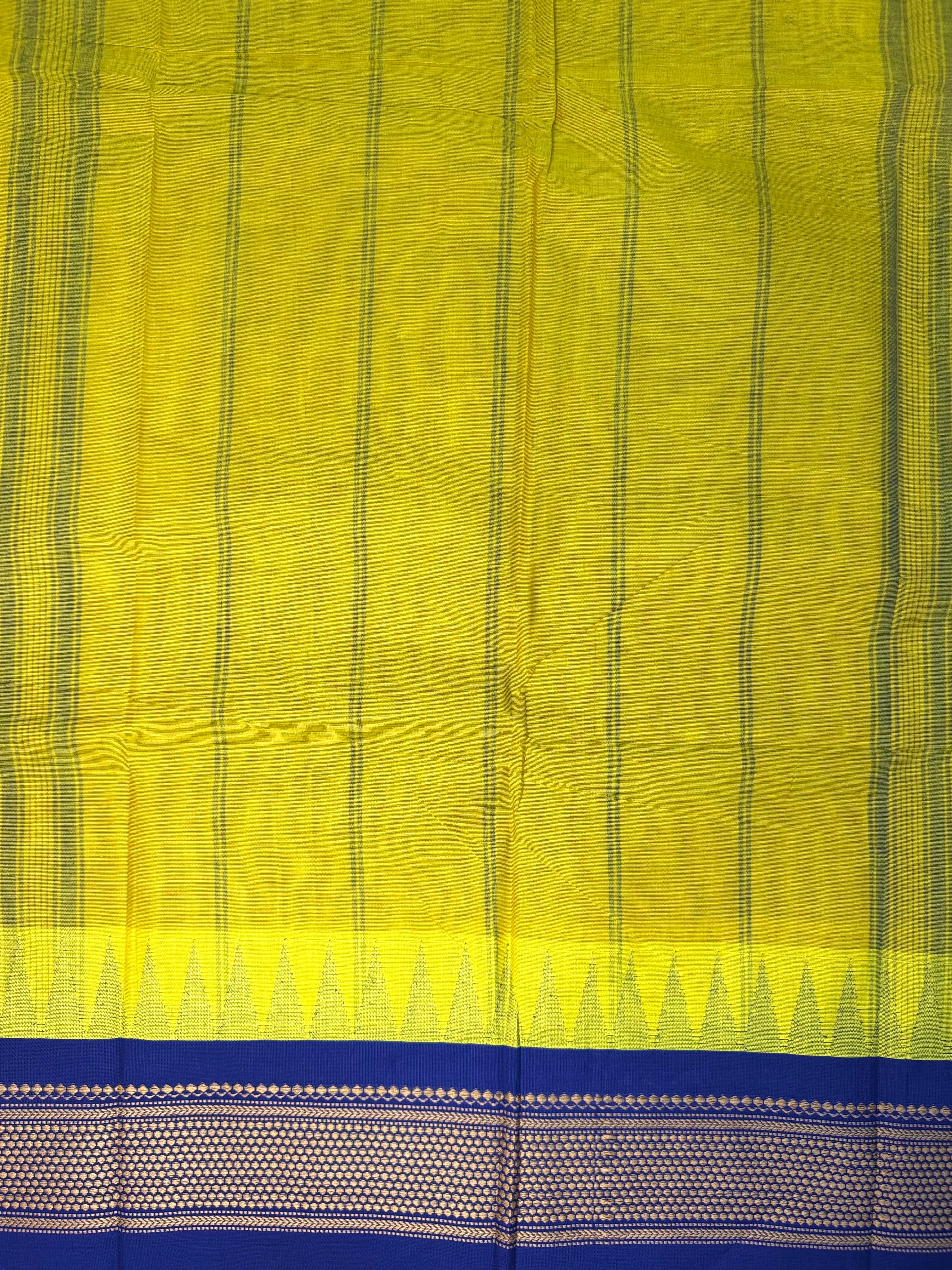 Pure Chettinad Handloom Cotton Saree – Yellow body and Blue Korvai Border with Temple Design