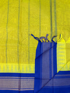 Pure Chettinad Handloom Cotton Saree – Yellow body and Blue Korvai Border with Temple Design