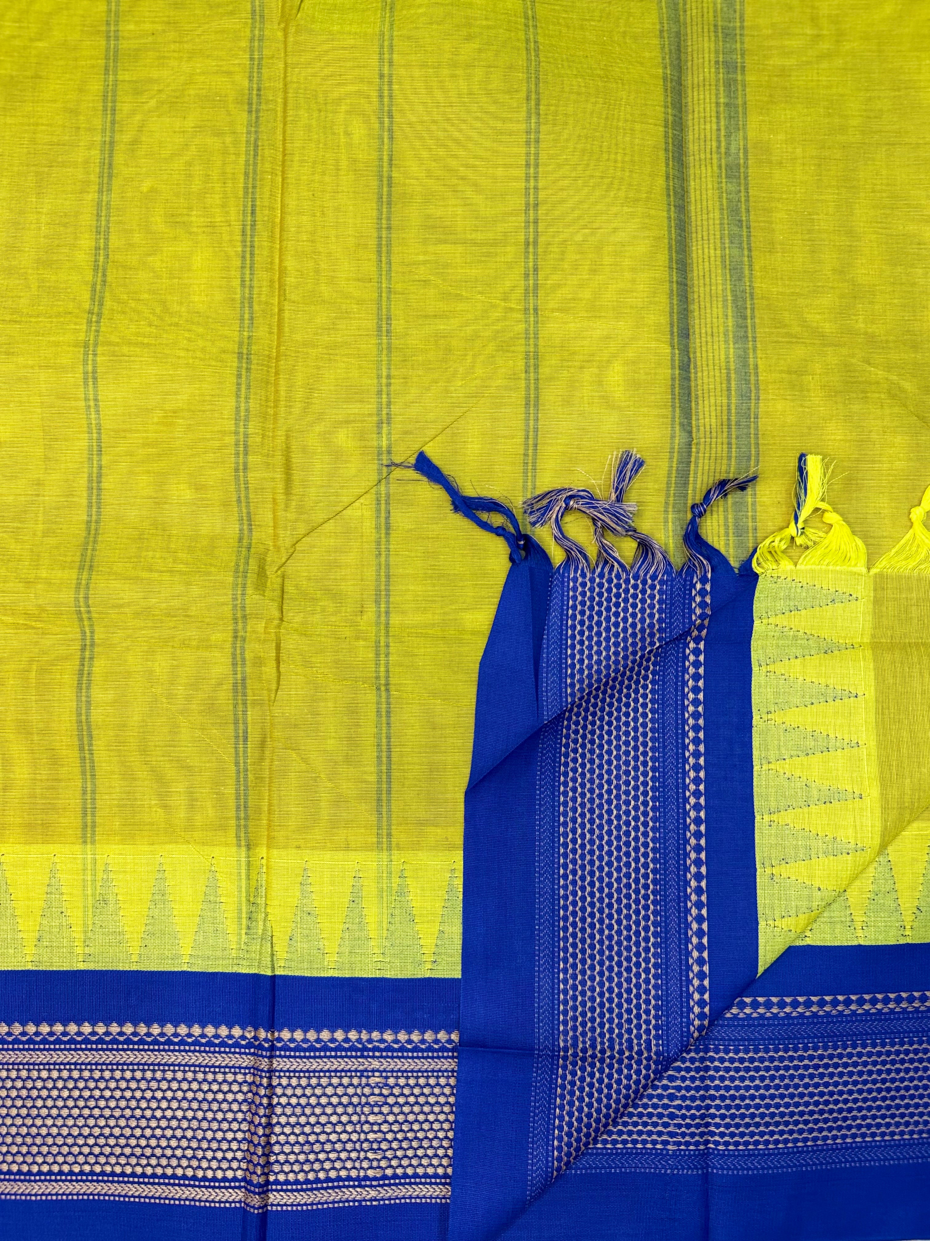 Pure Chettinad Handloom Cotton Saree – Yellow body and Blue Korvai Border with Temple Design