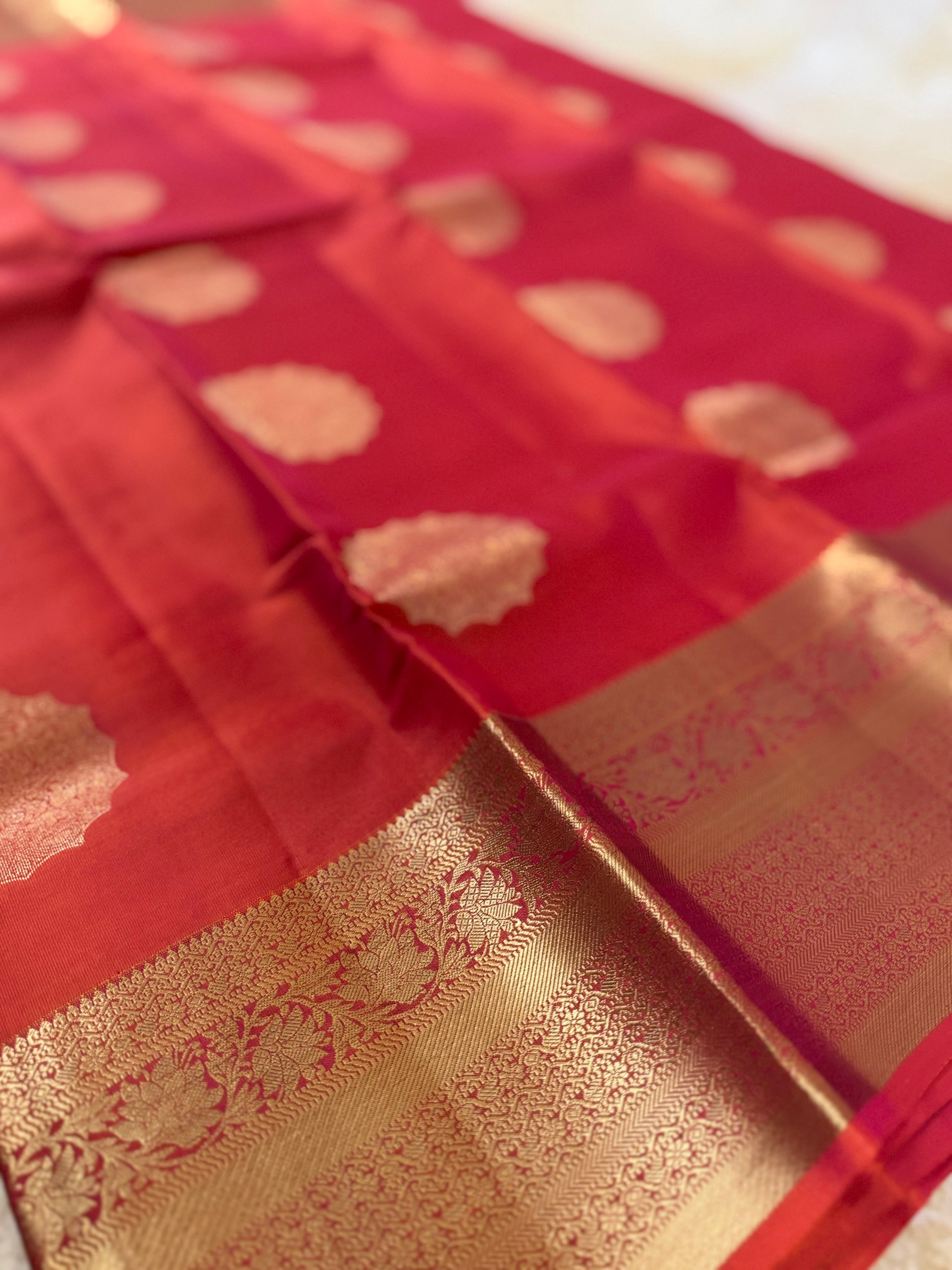 Luxury Silk Blend Kanchipuram Pattu | Orange | Flower Butta Body | Grand Border & Pallu