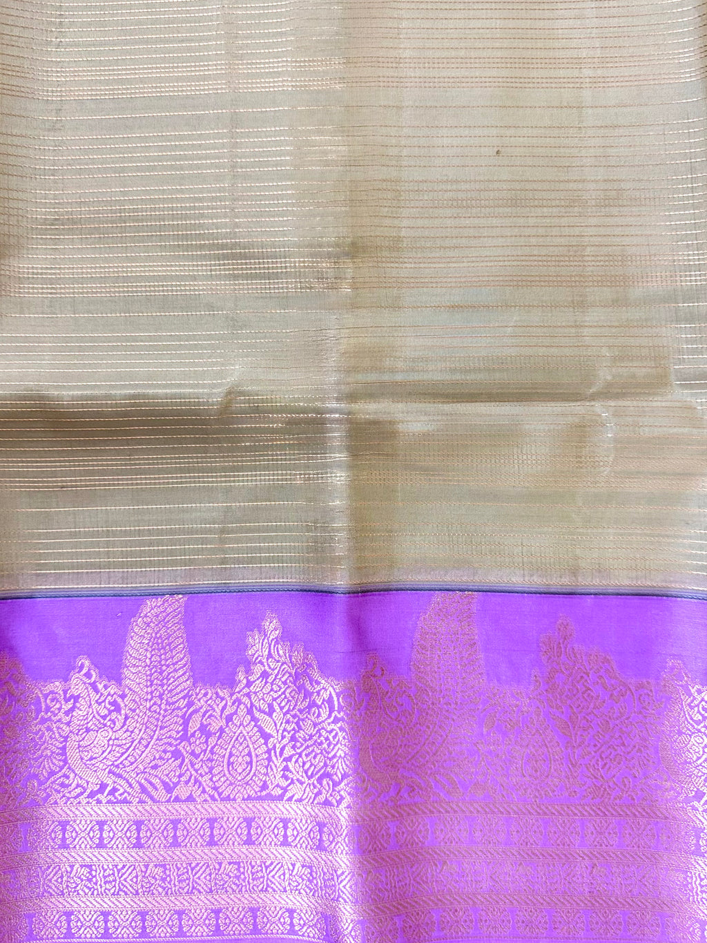 Luxury Silk Blend Kanchipuram Pattu |Grey Striped Body | Lavender Zari Border