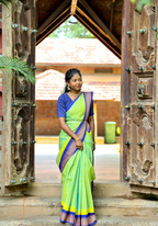 Pure Chettinad Handloom Cotton Saree – Green body and blue Korvai Border with Temple Design