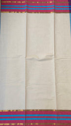 Kerala Kasavu Inspired Saree with Blue and Pink Striped Border