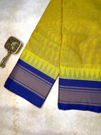 Pure Chettinad Handloom Cotton Saree – Yellow body and Blue Korvai Border with Temple Design