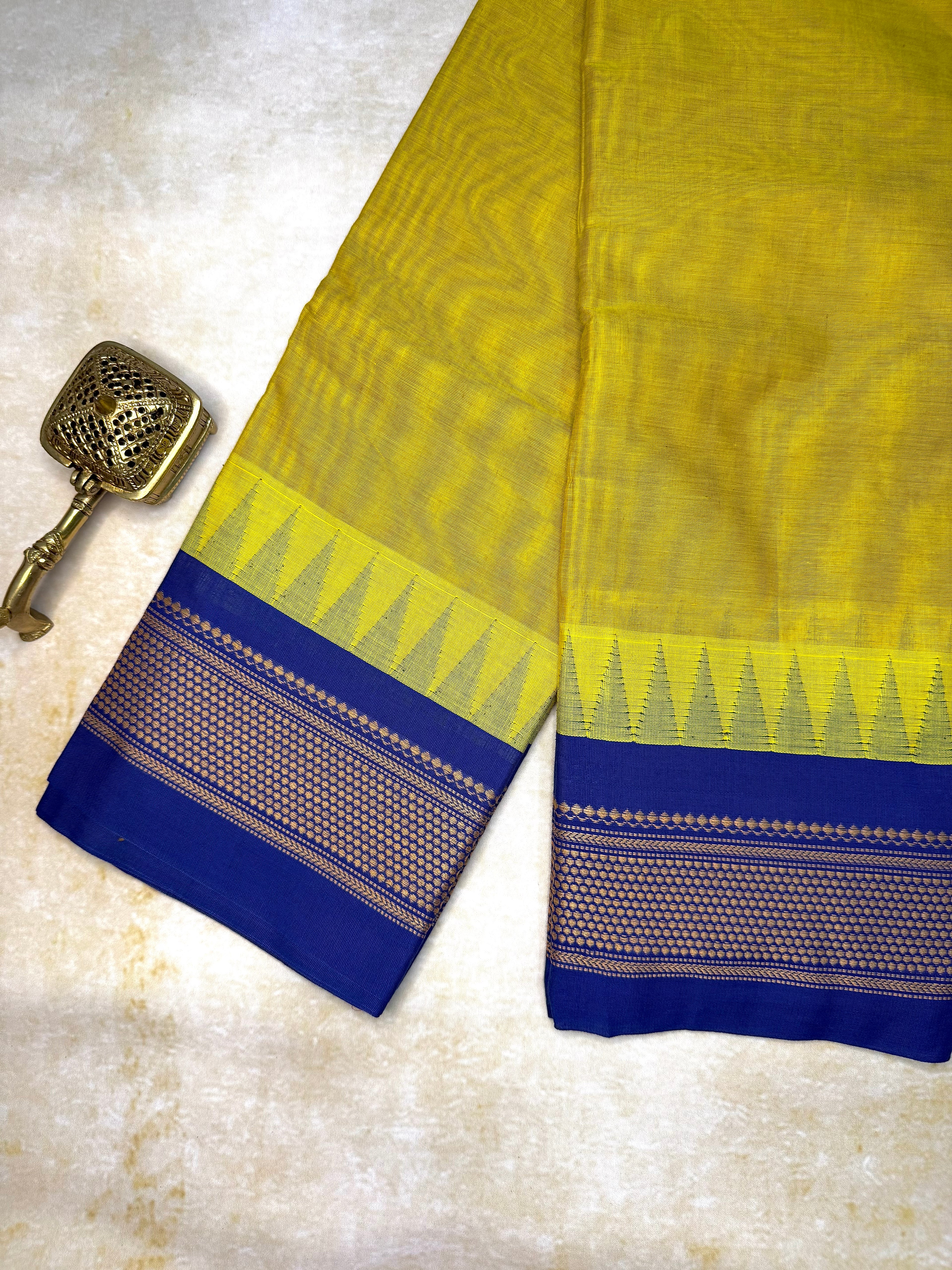 Pure Chettinad Handloom Cotton Saree – Yellow body and Blue Korvai Border with Temple Design