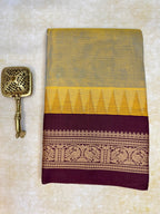 Pure Chettinad Handloom Cotton Saree – Dual shade body and maroon Korvai Border with Temple Design
