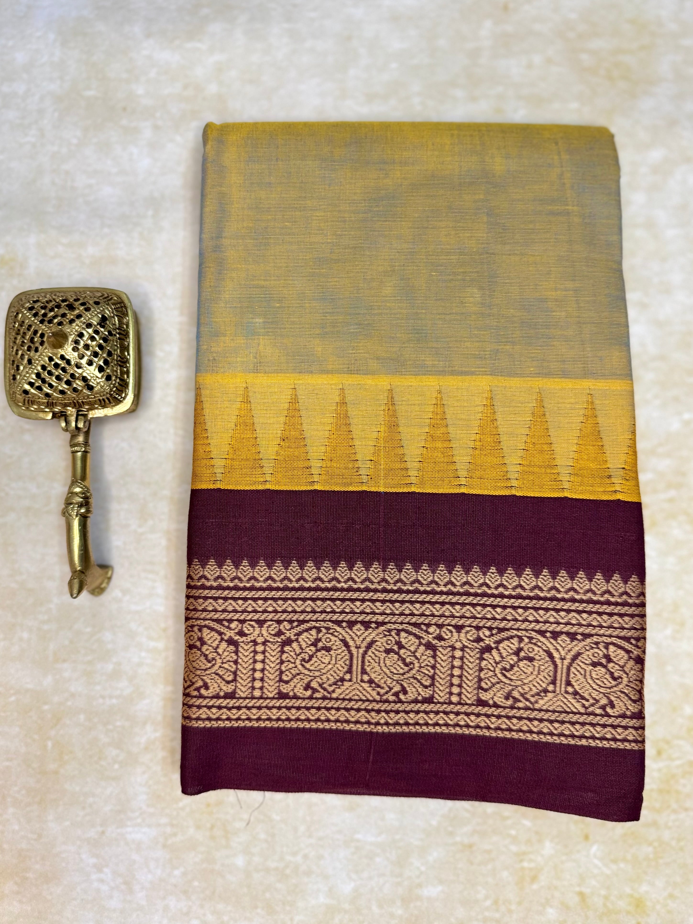Pure Chettinad Handloom Cotton Saree – Dual shade body and maroon Korvai Border with Temple Design