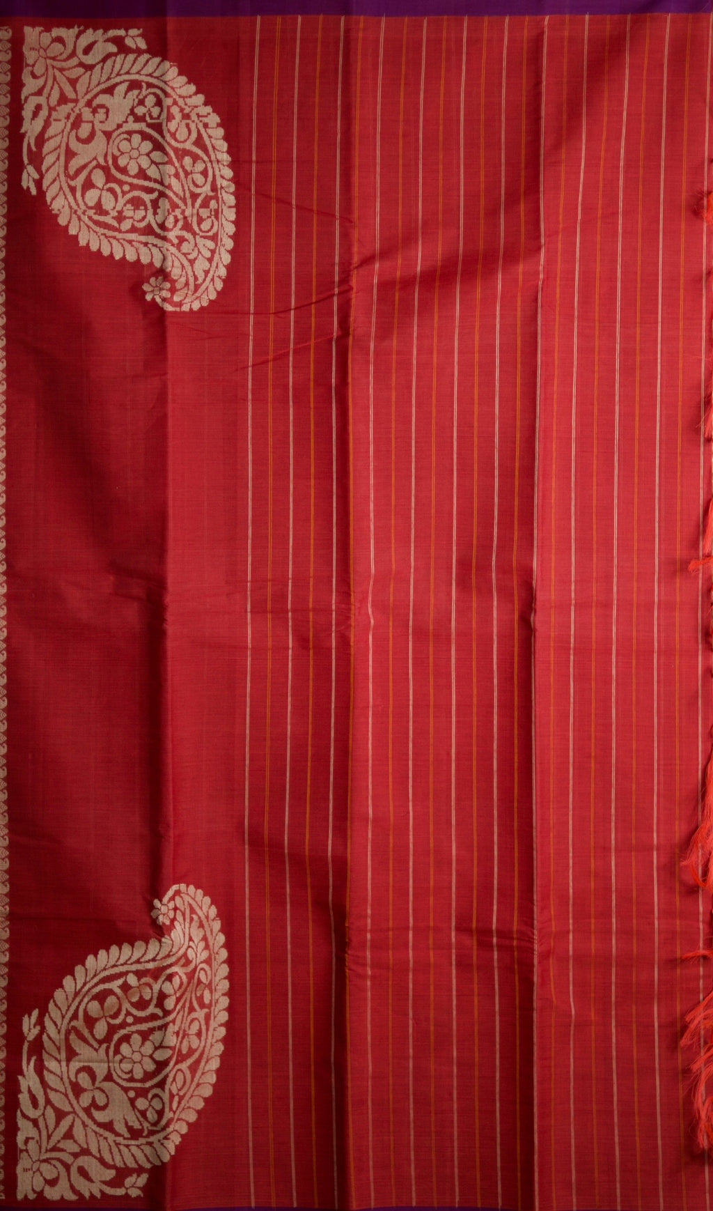 Pure Chettinad Handloom Cotton Saree – Stripped Red Body with purple 2inch Border