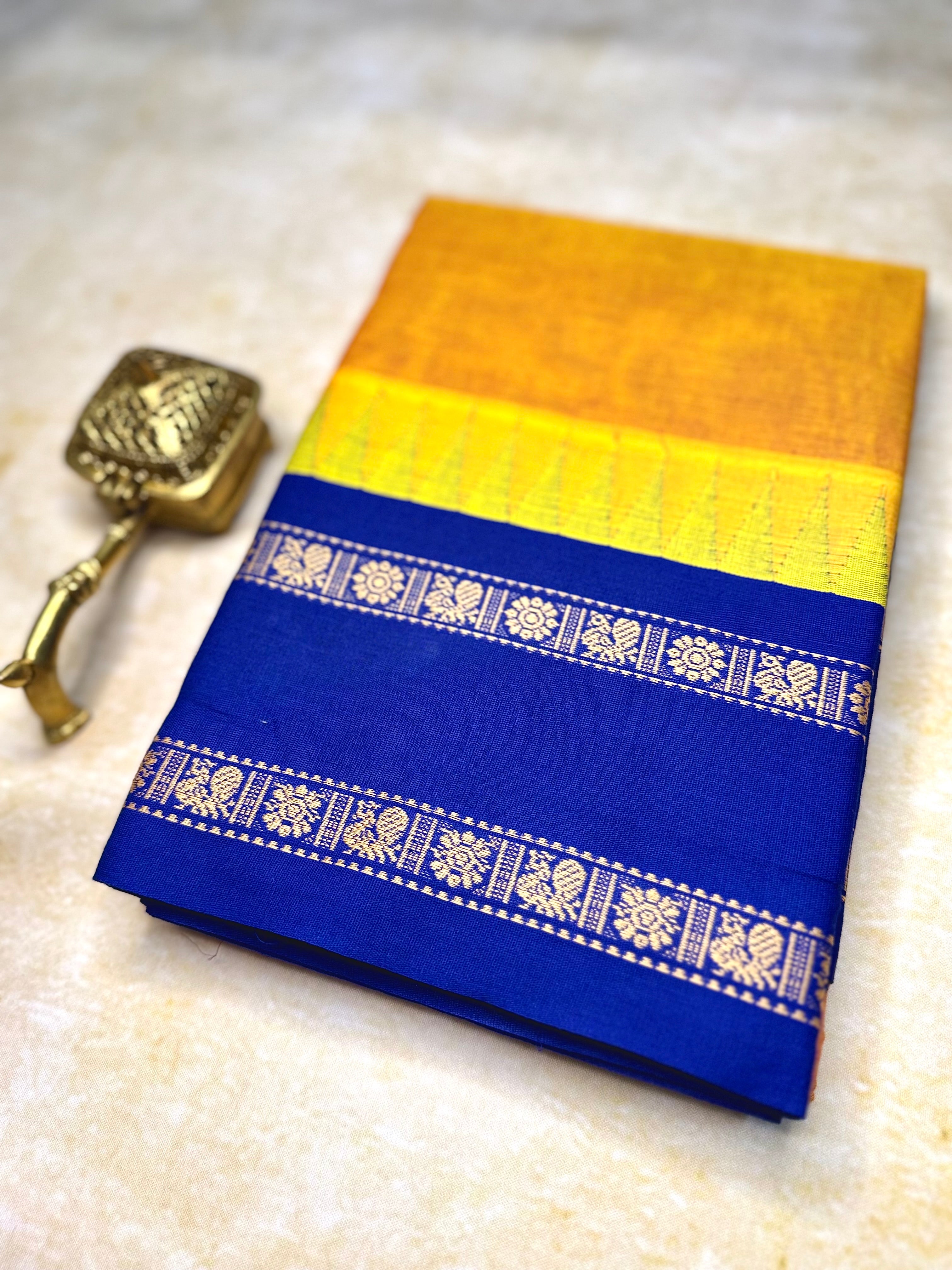 Pure Chettinad Handloom Cotton Saree – Mustard with Double-Side Blue Korvai Rettaipet border with Temple design