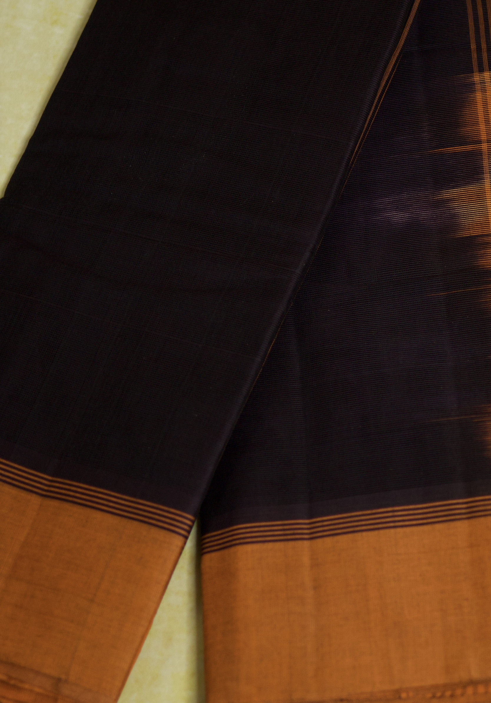 Pure Handloom Chettinad Cotton Saree | Plain Black Body | Orange Border | Office Wear