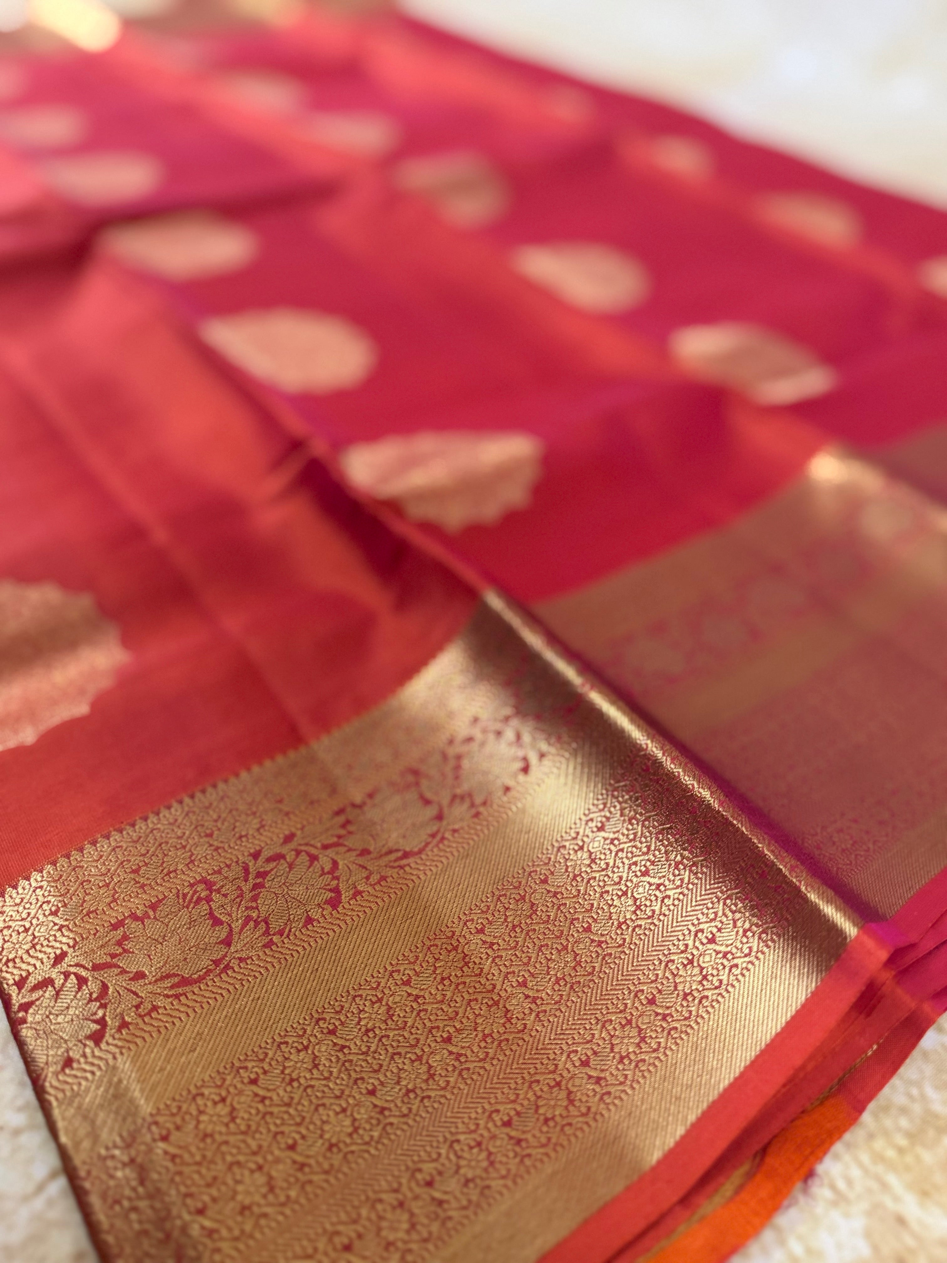 Luxury Silk Blend Kanchipuram Pattu | Orange | Flower Butta Body | Grand Border & Pallu