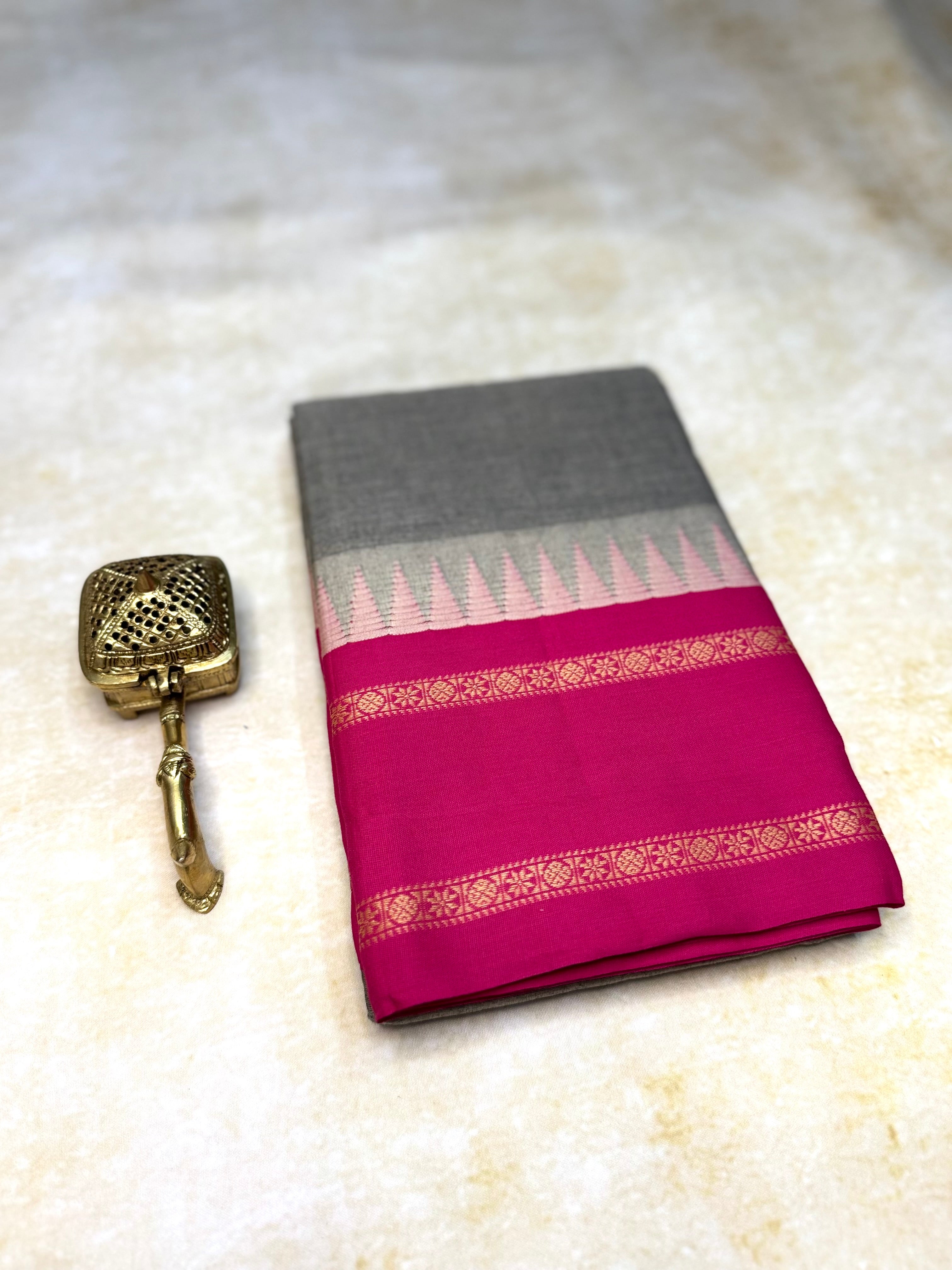 Pure Chettinad Handloom Cotton Saree – Grey with Double-Side Pink Korvai Rettaipet border with Temple design