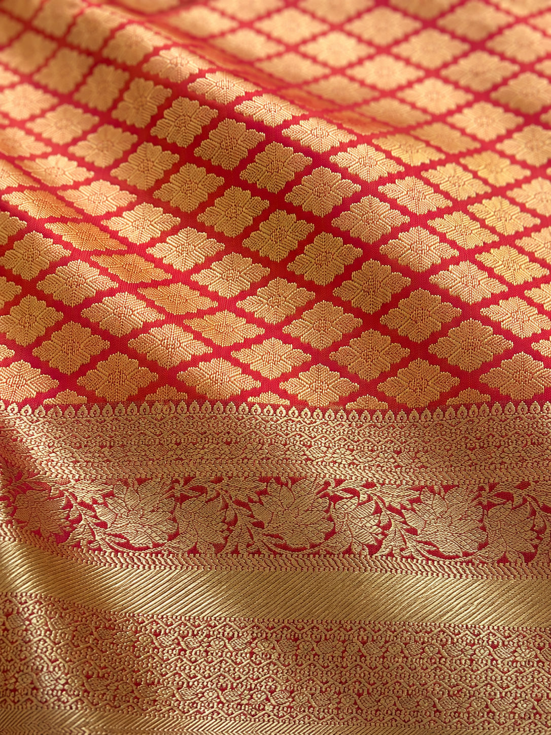 Luxury Silk Blend Kanchipuram Pattu | Orange | Flower Butta Body | Grand Border & Pallu