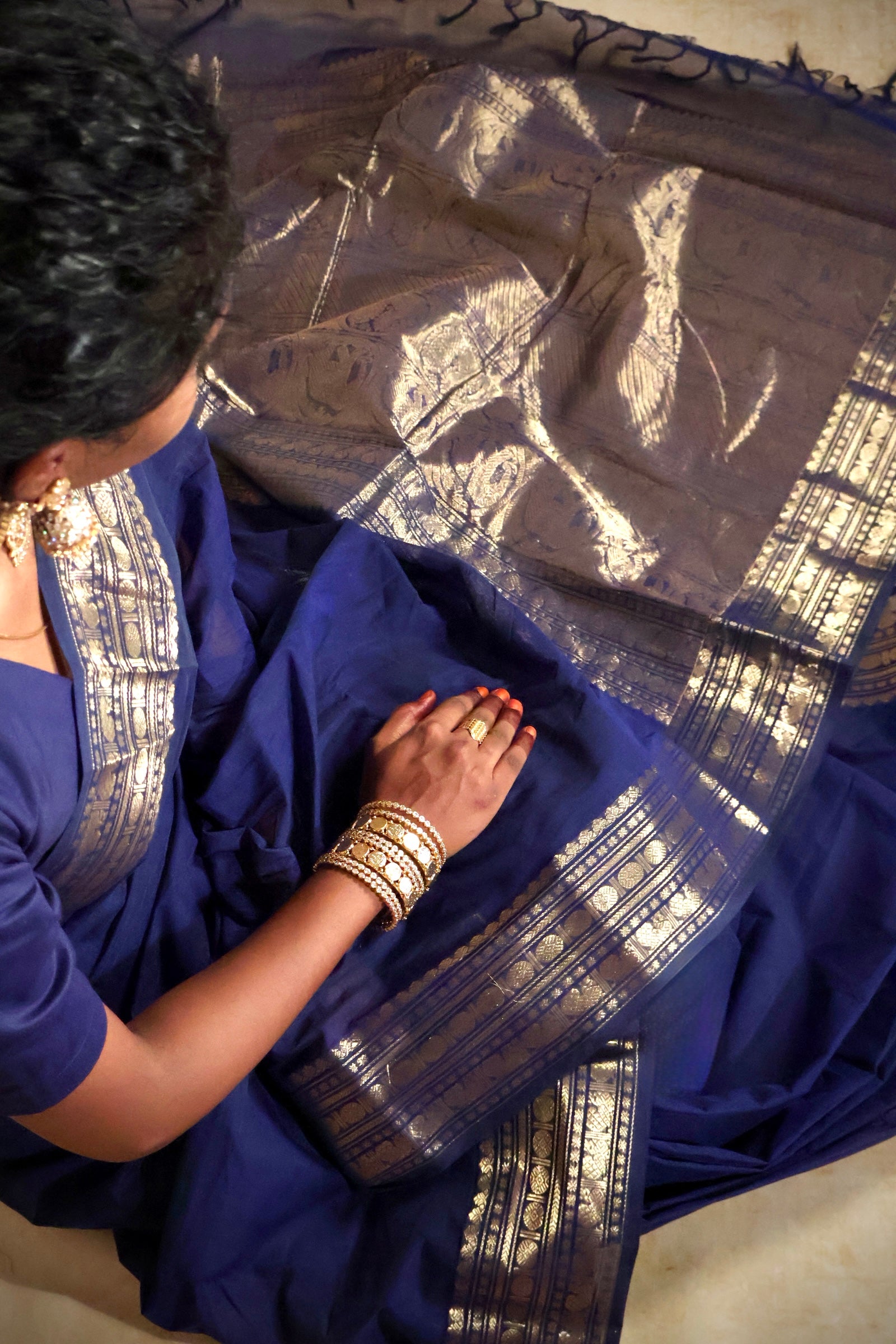 Pure Chettinad Handloom Cotton Saree – Navy Blue