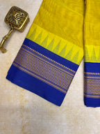 Pure Chettinad Handloom Cotton Saree – Yellow body and Blue Korvai Border with Temple Design