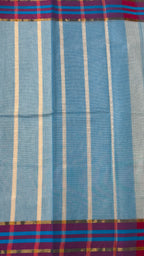 Kerala Kasavu Inspired Saree with Blue and Pink Striped Border