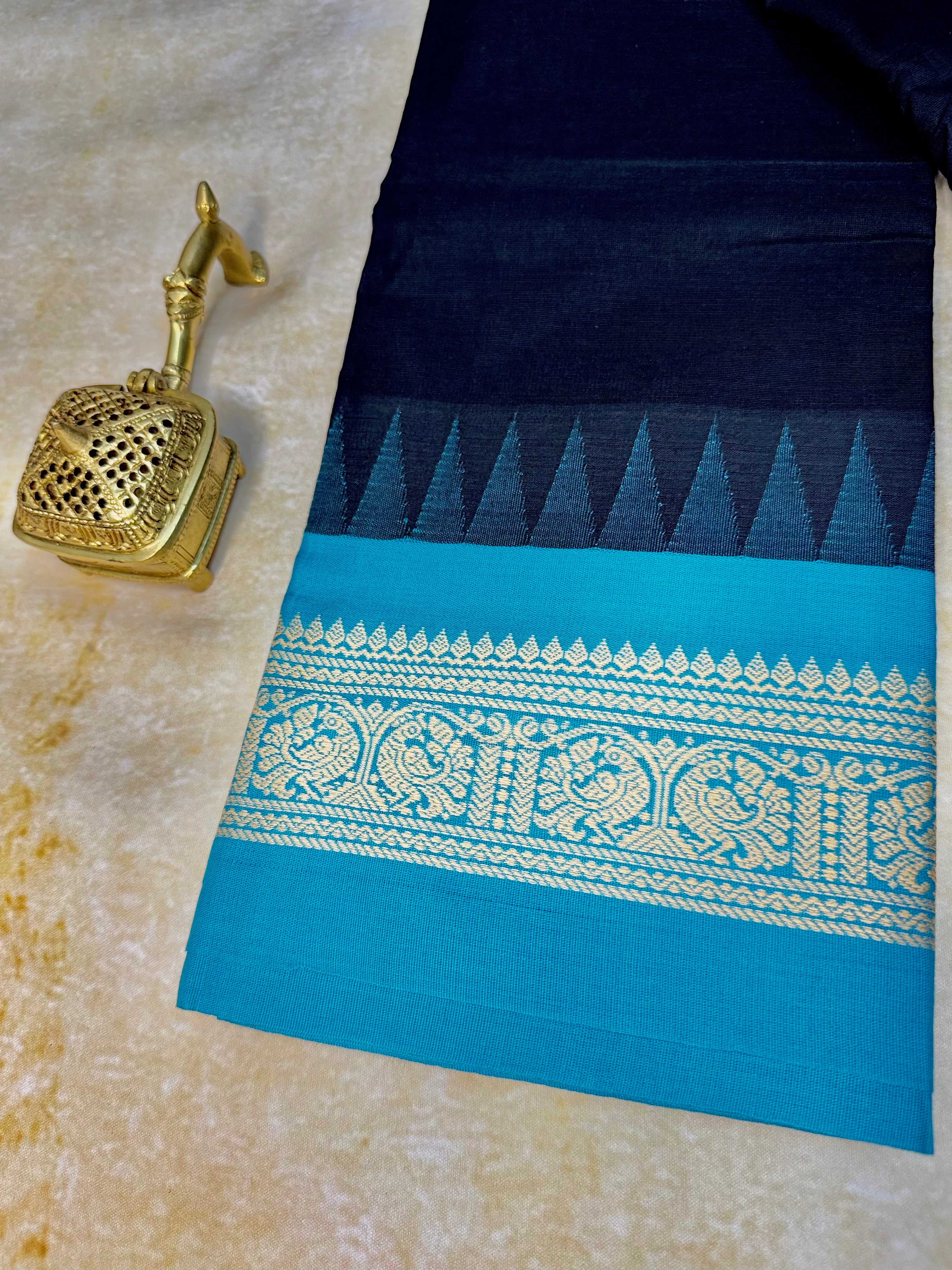 Pure Chettinad Handloom Cotton Saree – Black body and blue Korvai Border with Temple Design