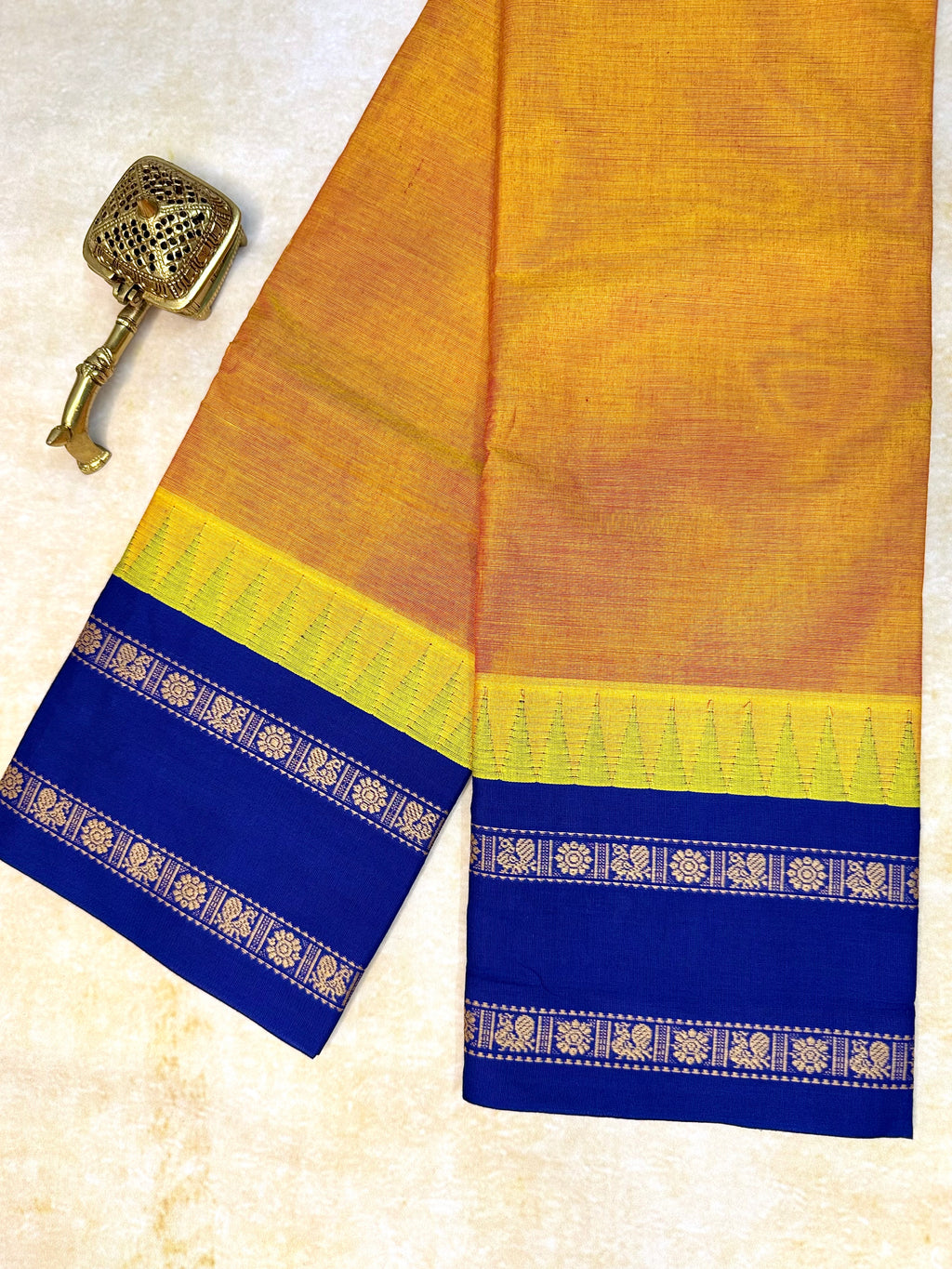 Pure Chettinad Handloom Cotton Saree – Mustard with Double-Side Blue Korvai Rettaipet border with Temple design