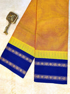 Pure Chettinad Handloom Cotton Saree – Mustard with Double-Side Blue Korvai Rettaipet border with Temple design