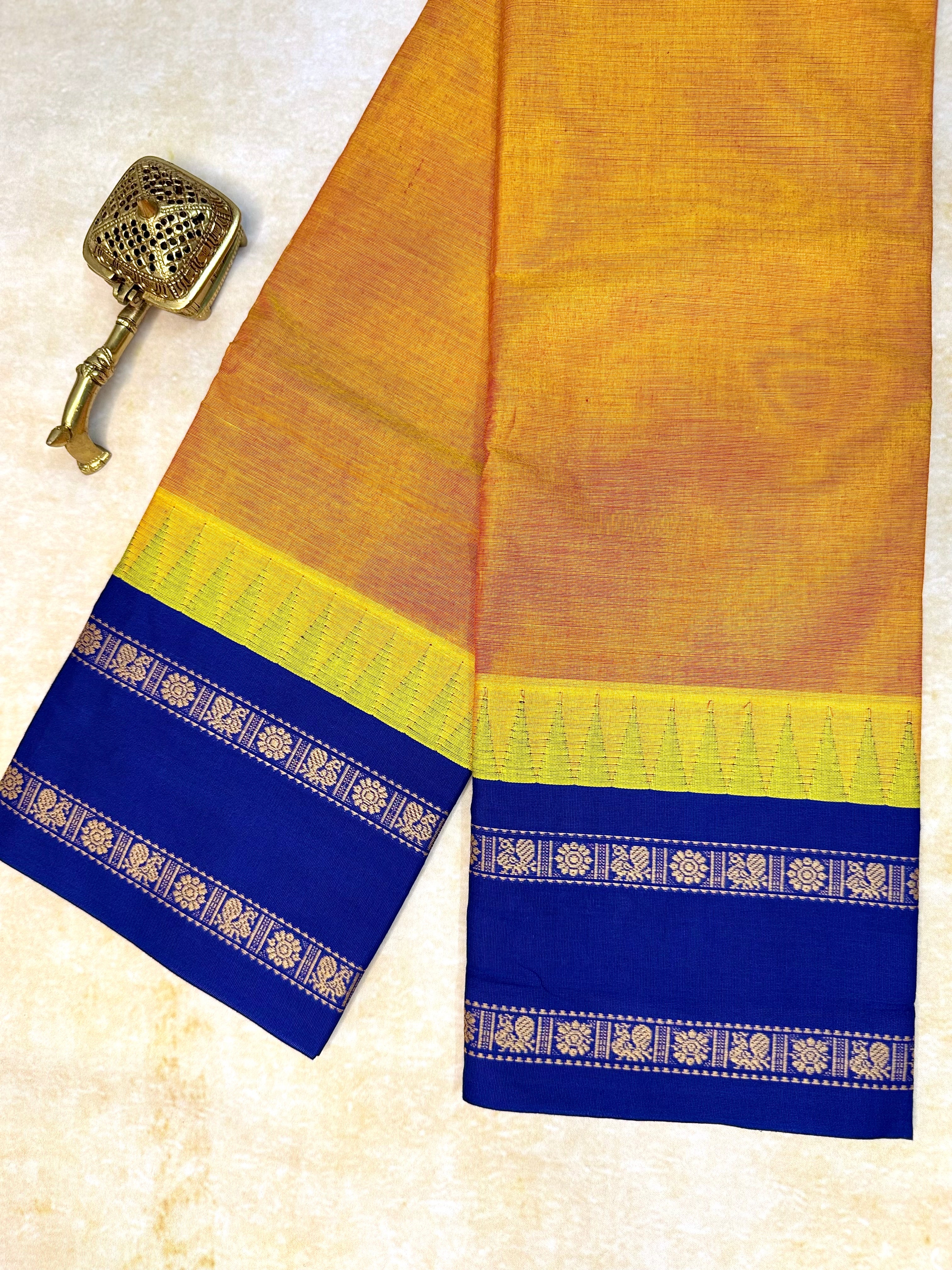 Pure Chettinad Handloom Cotton Saree – Mustard with Double-Side Blue Korvai Rettaipet border with Temple design
