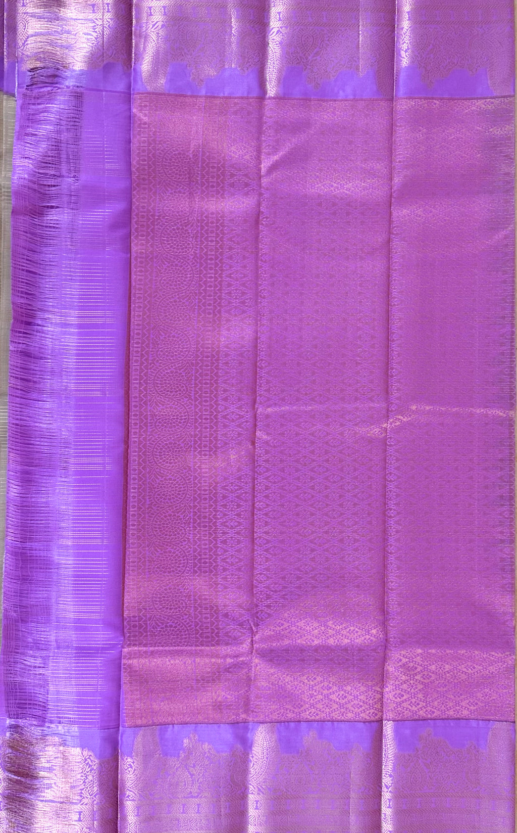 Luxury Silk Blend Kanchipuram Pattu |Grey Striped Body | Lavender Zari Border